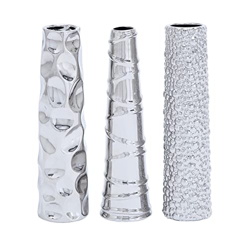 Deco 79 Ceramic Vase with Varying Patterns, Set of 3 12"H, 3"W, Silver