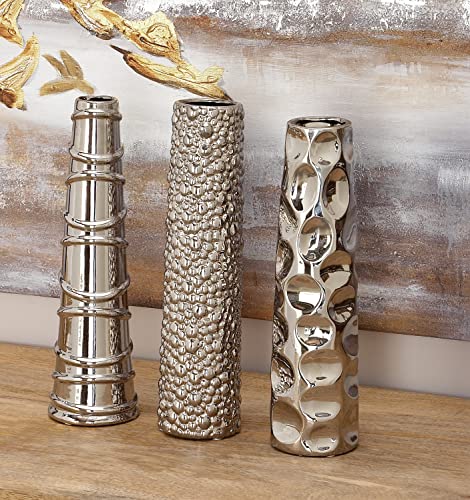 Deco 79 Ceramic Vase with Varying Patterns, Set of 3 12"H, 3"W, Silver