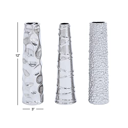 Deco 79 Ceramic Vase with Varying Patterns, Set of 3 12"H, 3"W, Silver