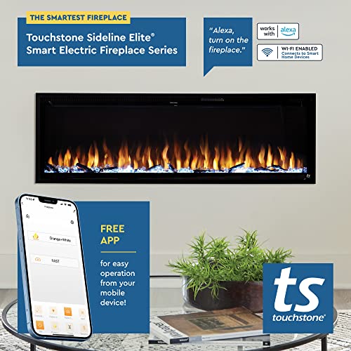 Touchstone Sideline Elite Smart 50” WiFi-Enabled Electric Fireplace - in-Wall Recessed - 60 Color Combinations - 1500/750 Watt Heater (68-88°F Thermostat) - Black - Log, Crystals & Driftwood - 80036