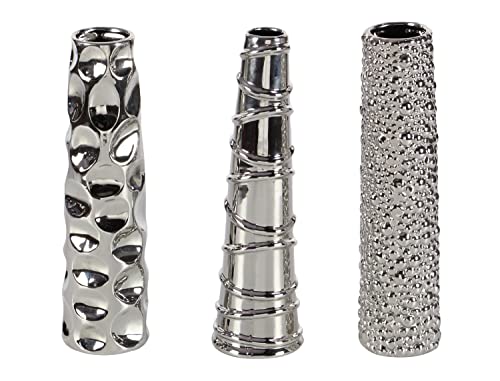 Deco 79 Ceramic Vase with Varying Patterns, Set of 3 12"H, 3"W, Silver