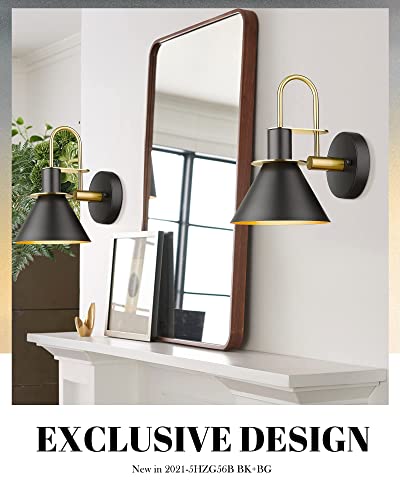 Industrial Wall Sconce Set of 2, HWH Modern 1-Light Bathroom Vanity Light Fixtures, Single Wall Sconce for Bedroom, Balcony, Over Mirror, Kitchen Sink, Black and Gold Finish, 5HZG56B-2 BK+BG