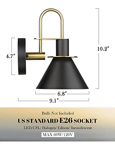 Industrial Wall Sconce Set of 2, HWH Modern 1-Light Bathroom Vanity Light Fixtures, Single Wall Sconce for Bedroom, Balcony, Over Mirror, Kitchen Sink, Black and Gold Finish, 5HZG56B-2 BK+BG