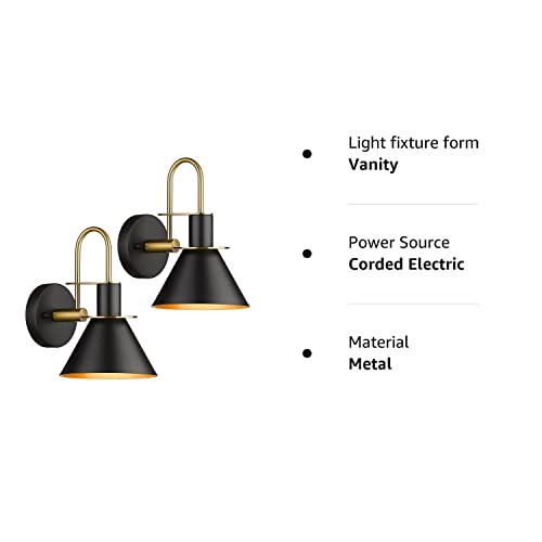 Industrial Wall Sconce Set of 2, HWH Modern 1-Light Bathroom Vanity Light Fixtures, Single Wall Sconce for Bedroom, Balcony, Over Mirror, Kitchen Sink, Black and Gold Finish, 5HZG56B-2 BK+BG
