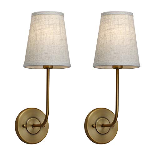Pathson Set of 2 Vintage Wall Sconces Linen Fabric Shade, Bathroom Vanity Lights Brass Finish, Industrial Wall Mounted Fixtures for Bedroom Living Room (Antique)