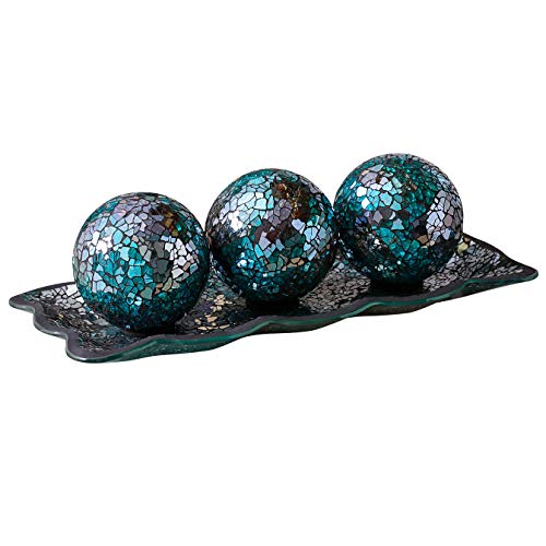 KMWARES 12.4” Mosaic Glass Decorative Tray Dish Plate with 3pcs 3" Decorative Orbs Balls Sphere Decor for Living Room or Dining Table Coffee Table Mantle Decor Centerpiece (Turquoise)
