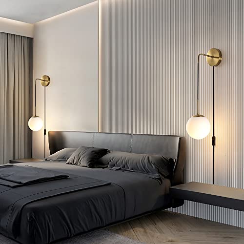Wall Sconces Set of Two,Plug in Wall Sconces,Antique Gold Wall Lamp with Plug in Cord and On/Off Switch,Hanging Wall Mounted Lights for Bedroom Living Room,Globe Frosted Glass Shade,No Wiring Required
