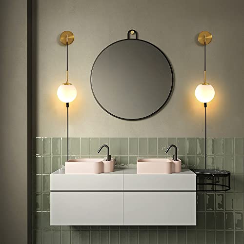 Wall Sconces Set of Two,Plug in Wall Sconces,Antique Gold Wall Lamp with Plug in Cord and On/Off Switch,Hanging Wall Mounted Lights for Bedroom Living Room,Globe Frosted Glass Shade,No Wiring Required