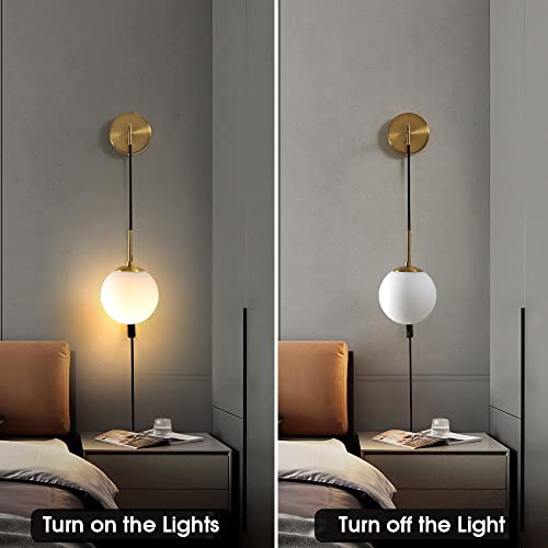Wall Sconces Set of Two,Plug in Wall Sconces,Antique Gold Wall Lamp with Plug in Cord and On/Off Switch,Hanging Wall Mounted Lights for Bedroom Living Room,Globe Frosted Glass Shade,No Wiring Required