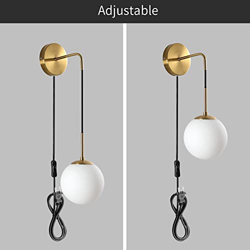 Wall Sconces Set of Two,Plug in Wall Sconces,Antique Gold Wall Lamp with Plug in Cord and On/Off Switch,Hanging Wall Mounted Lights for Bedroom Living Room,Globe Frosted Glass Shade,No Wiring Required
