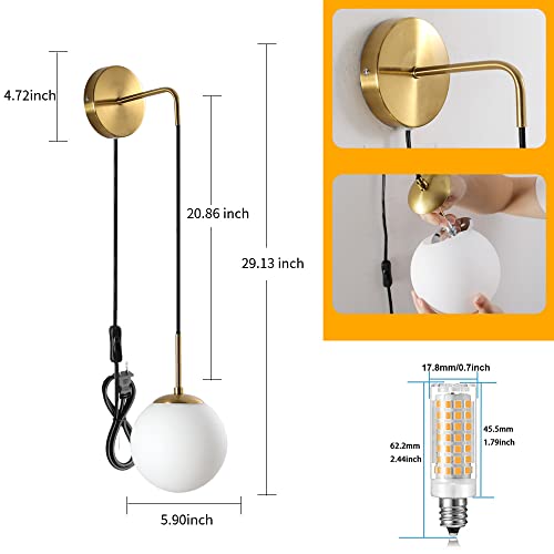 Wall Sconces Set of Two,Plug in Wall Sconces,Antique Gold Wall Lamp with Plug in Cord and On/Off Switch,Hanging Wall Mounted Lights for Bedroom Living Room,Globe Frosted Glass Shade,No Wiring Required
