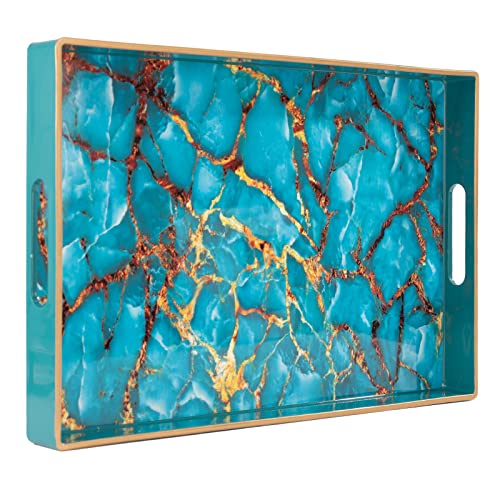 MAONAME Blue Decorative Tray, Plastic Serving Tray with Handles, Coffee Table Tray with Tempered Glass Film, Rectangle Ottoman Tray for Living Room, Bathroom, 15.7” x 10.2”