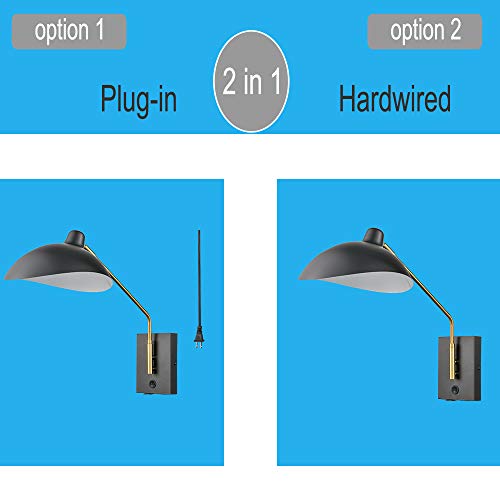 CLAXY Swing Arm Bedroom Wall Sconces Modern Black Plug-in or Hardwired Sconce Lighting with USB Charge Port-Set of 2