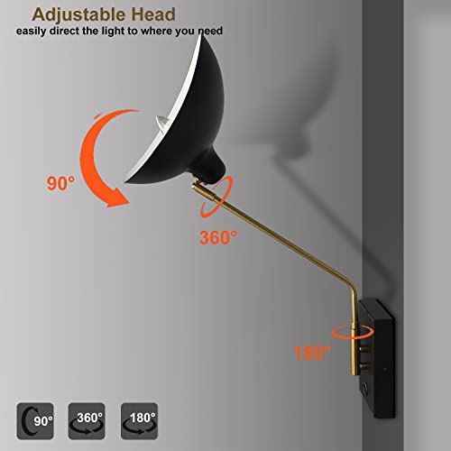 CLAXY Swing Arm Bedroom Wall Sconces Modern Black Plug-in or Hardwired Sconce Lighting with USB Charge Port-Set of 2