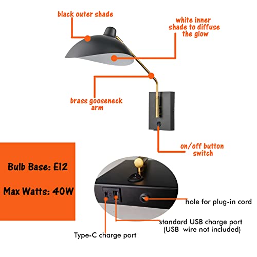 CLAXY Swing Arm Bedroom Wall Sconces Modern Black Plug-in or Hardwired Sconce Lighting with USB Charge Port-Set of 2