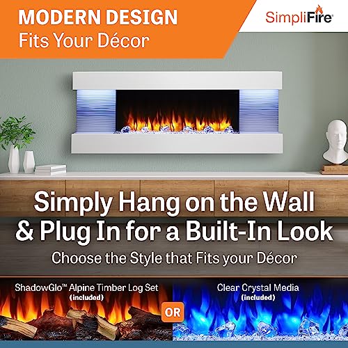 SimpliFire 60-Inch Format Floating Mantel Wall Mount Electric Fireplace | Finished White Mantel | Log & Crystal Hearth Options | 1500 Watt Heater | Remote Control Included