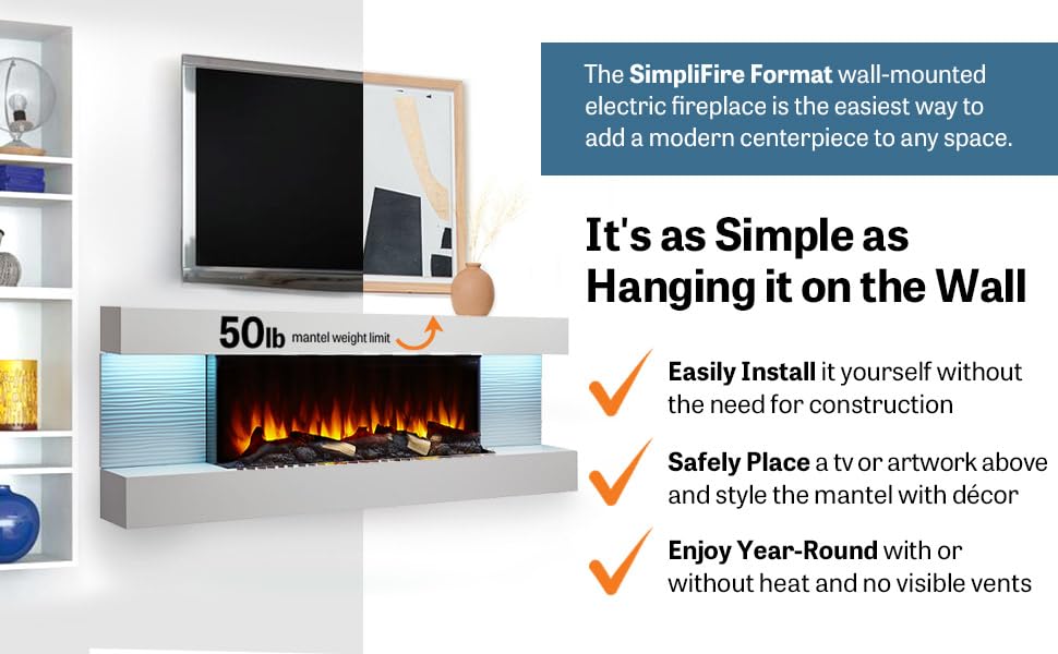SimpliFire 60-Inch Format Floating Mantel Wall Mount Electric Fireplace | Finished White Mantel | Log & Crystal Hearth Options | 1500 Watt Heater | Remote Control Included