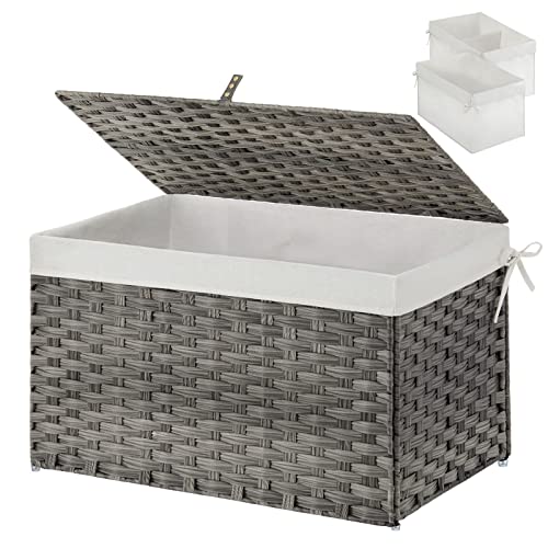 Greenstell Storage Basket with Lid, Handwoven Large Shelf Basket with Cotton Liner and Metal Frame, Foldable & Easy to Install, Storage Box Basket Bin with Handle for Bedroom, Laundry Room Grey 65L