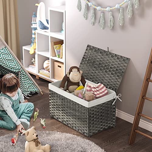 Greenstell Storage Basket with Lid, Handwoven Large Shelf Basket with Cotton Liner and Metal Frame, Foldable & Easy to Install, Storage Box Basket Bin with Handle for Bedroom, Laundry Room Grey 65L