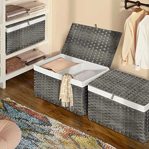 Greenstell Storage Basket with Lid, Handwoven Large Shelf Basket with Cotton Liner and Metal Frame, Foldable & Easy to Install, Storage Box Basket Bin with Handle for Bedroom, Laundry Room Grey 65L