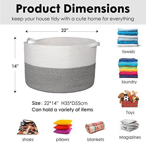 Proate XXXL Large Gray Woven Cotton Rope Basket in Living Room Blanket Storage Basket 22" x 14" Laundry Basket Hamper Towels Toy Bins Baskets Storage Kids Comforter Cushions Pillow Blanket Organizer