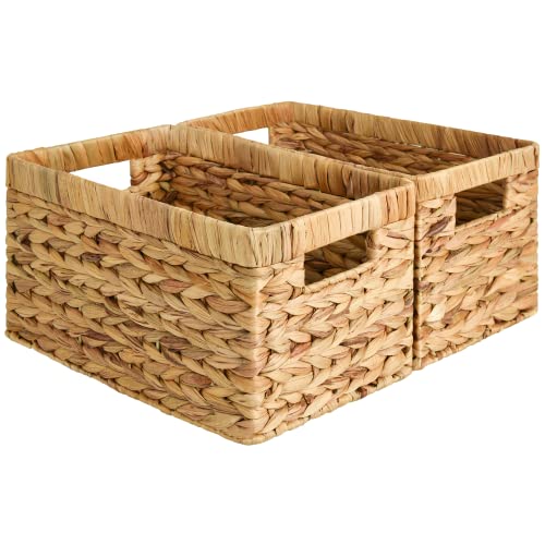 StorageWorks Water Hyacinth Storage Baskets, Rectangular Wicker Baskets with Built-in Handles, Medium, 2-Pack