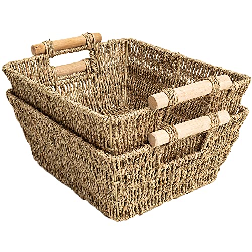 Handmade Woven Wicker Storage Baskets, 2-Pack, Seagrass Shelf Baskets for Organizing & Sorting, Toilet Paper Towel Holder Basket with Wooden Handles, Iron frame, 11.8" x 10.2" x 4.8"