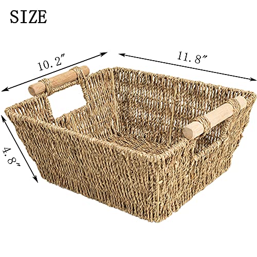Handmade Woven Wicker Storage Baskets, 2-Pack, Seagrass Shelf Baskets for Organizing & Sorting, Toilet Paper Towel Holder Basket with Wooden Handles, Iron frame, 11.8" x 10.2" x 4.8"