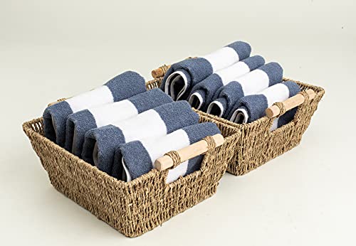Handmade Woven Wicker Storage Baskets, 2-Pack, Seagrass Shelf Baskets for Organizing & Sorting, Toilet Paper Towel Holder Basket with Wooden Handles, Iron frame, 11.8" x 10.2" x 4.8"