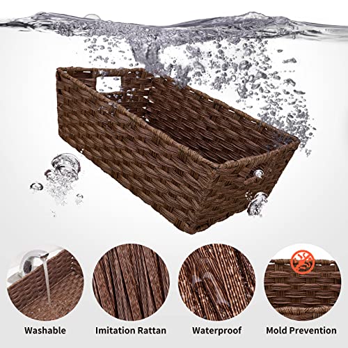 Onlytak Large Wicker Storage Basket, Metal Frame, Set of 2, Washable Waterproof, 15" x 10.3" x 5.2", Brown Color, Woven Basket for Pantry, Toilet, Bathroom, Bedroom, Patio