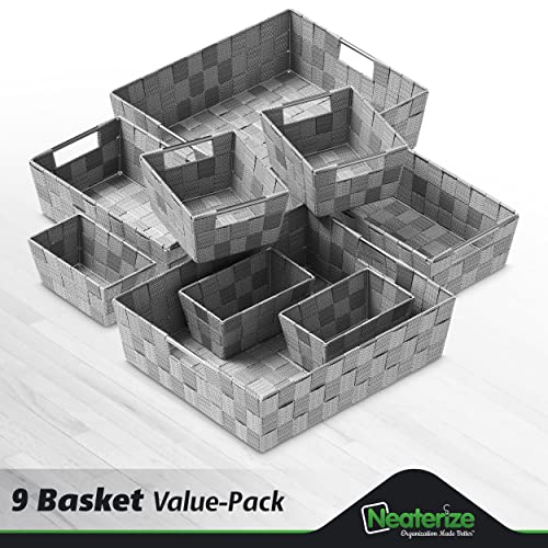 Basket For Closet Organization And Storage (Set of 9) - Prefect Storage Baskets For Bathroom, Laundry, Baby Nursery Clothes, Linen Closet, Kitchen Pantry Or Use As Baskets For Organizing (Dark Grey)