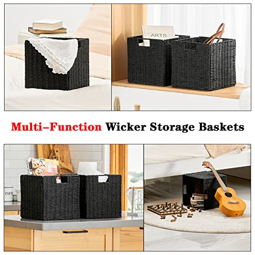 Vagusicc Storage Basket, Set of 2 Hand-Woven Paper Rope Wicker Baskets, Foldable Storage Bins, Large Wicker Storage Square Baskets for Shelves Organizing & Decor, Black (11″×11″×11″)