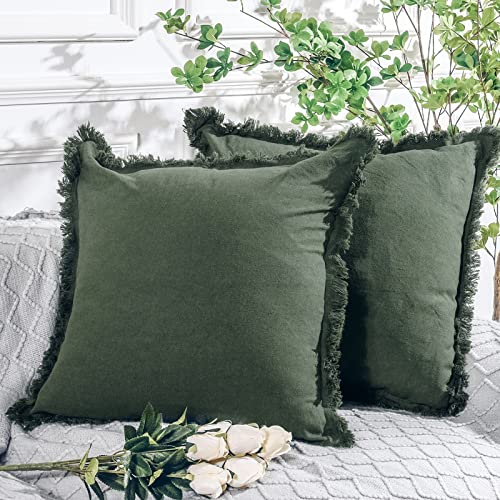 NEXHOME PRO Boho Throw Pillow Covers for Couch Set of 2 18"x18", Handmade Decorative Linen Pillow Covers for Sofa, Living Room, Farmhouse Fringed Cushion Covers, Forest Green (Insert Not Included)