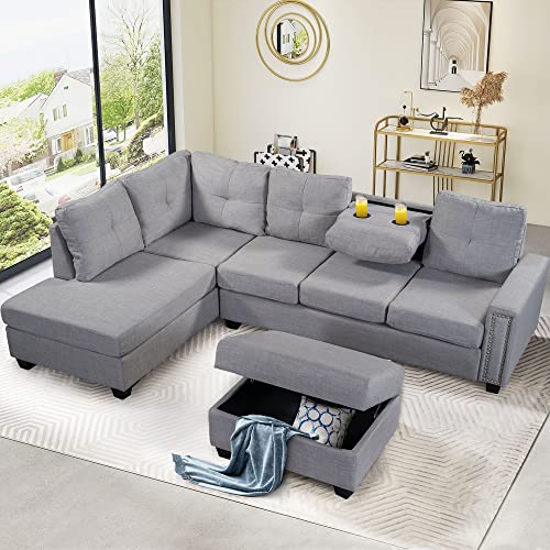 UBGO Convertible Sectional Couch 3-Piece Modular, L-Shaped Sofa Left-Facing Chaise Longue with Free Storage Footstool and 2 Pillows, Furniture Set for Living Room Apartment Office, Grey, h