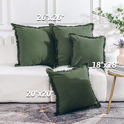 NEXHOME PRO Boho Throw Pillow Covers for Couch Set of 2 18"x18", Handmade Decorative Linen Pillow Covers for Sofa, Living Room, Farmhouse Fringed Cushion Covers, Forest Green (Insert Not Included)