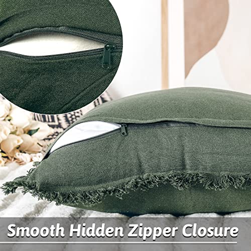 NEXHOME PRO Boho Throw Pillow Covers for Couch Set of 2 18"x18", Handmade Decorative Linen Pillow Covers for Sofa, Living Room, Farmhouse Fringed Cushion Covers, Forest Green (Insert Not Included)