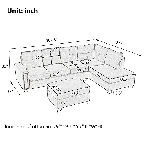 UBGO Convertible Sectional Couch 3-Piece Modular, L-Shaped Sofa Left-Facing Chaise Longue with Free Storage Footstool and 2 Pillows, Furniture Set for Living Room Apartment Office, Grey, h