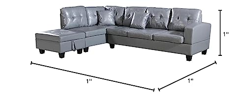UBGO Convertible Sectional Couch 3-Piece Modular, L-Shaped Sofa Left-Facing Chaise Longue with Free Storage Footstool and 2 Pillows, Furniture Set for Living Room Apartment Office, Grey, h