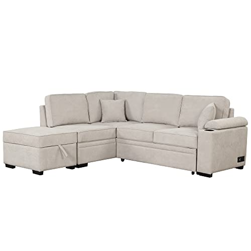 Merax L Shaped Sectional Sofa Couch Sleeper Bed with Storage Ottoman and Chaise for Living Room, Small Apartment Love Seats, Beige_Linen