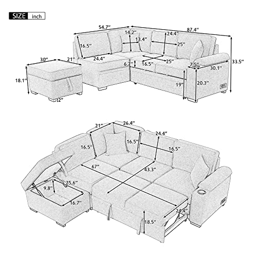 Merax L Shaped Sectional Sofa Couch Sleeper Bed with Storage Ottoman and Chaise for Living Room, Small Apartment Love Seats, Beige_Linen