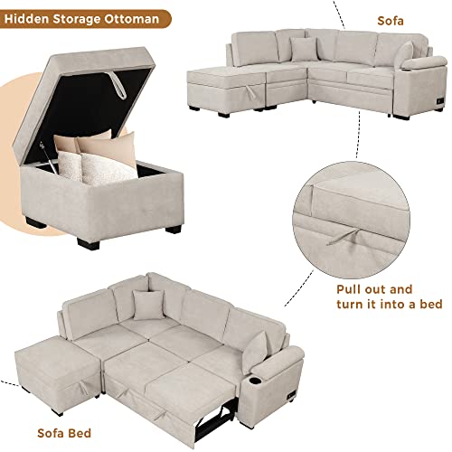 Merax L Shaped Sectional Sofa Couch Sleeper Bed with Storage Ottoman and Chaise for Living Room, Small Apartment Love Seats, Beige_Linen