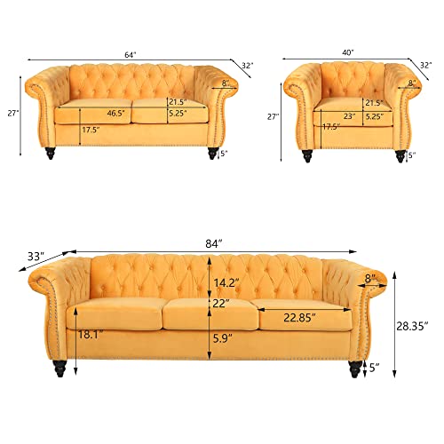RARZOE 3 Pieces of Living Room Furniture Sofa Sets, Modern Velvet Chesterfield Sofa&Chesterfield Club Chair&Chesterfield Loveseat Sofas Set with Nailhead Trim Scroll Arms for Living Room(Mango)
