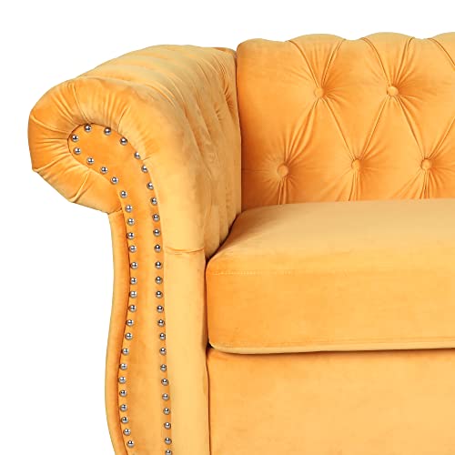 RARZOE 3 Pieces of Living Room Furniture Sofa Sets, Modern Velvet Chesterfield Sofa&Chesterfield Club Chair&Chesterfield Loveseat Sofas Set with Nailhead Trim Scroll Arms for Living Room(Mango)
