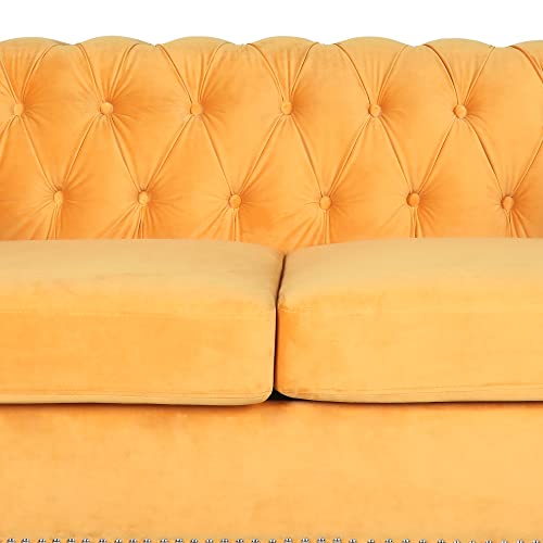 RARZOE 3 Pieces of Living Room Furniture Sofa Sets, Modern Velvet Chesterfield Sofa&Chesterfield Club Chair&Chesterfield Loveseat Sofas Set with Nailhead Trim Scroll Arms for Living Room(Mango)