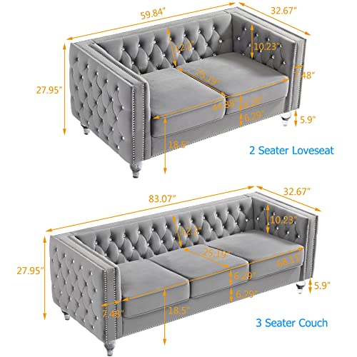 mikibama Velvet Loveseat Sofa Couch Set for Living Room, Modern Decor Furniture Tufted Sofa Set with Nailhead Acrylic Legs and 2 Pillows for Bedroom, Hall(Grey)