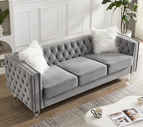 mikibama Velvet Loveseat Sofa Couch Set for Living Room, Modern Decor Furniture Tufted Sofa Set with Nailhead Acrylic Legs and 2 Pillows for Bedroom, Hall(Grey)