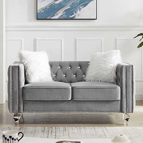 mikibama Velvet Loveseat Sofa Couch Set for Living Room, Modern Decor Furniture Tufted Sofa Set with Nailhead Acrylic Legs and 2 Pillows for Bedroom, Hall(Grey)