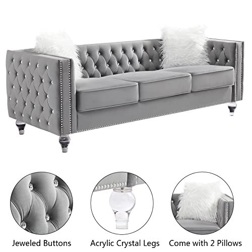 mikibama Velvet Loveseat Sofa Couch Set for Living Room, Modern Decor Furniture Tufted Sofa Set with Nailhead Acrylic Legs and 2 Pillows for Bedroom, Hall(Grey)