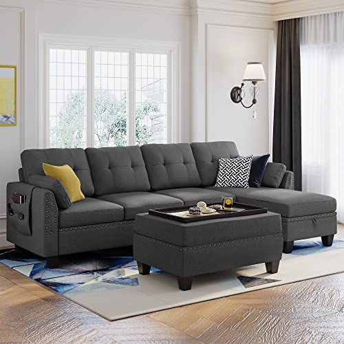 HONBAY Reversible Sectional Sofa Couch Set L Shaped Couch Sofa Sets for Living Room 4 Seat Sofa Sectional with Storage Ottoman for Small Apartment,Dark Grey (Sectional+Tray Ottoman)