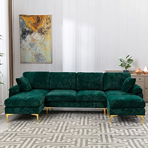 KIVENJAJA U-Shaped Sectional Sofa Couch, Modern Convertible L-Shaped Velvet Couch Set with Reversible Chaise Lounge, Ottoman and Pillows for Living Room, 114 inches (Emerald Green)
